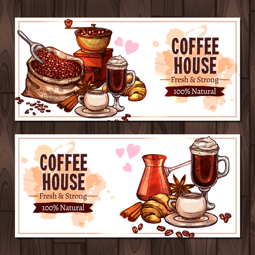 Coffee sketch banners with coffee mill vector 01