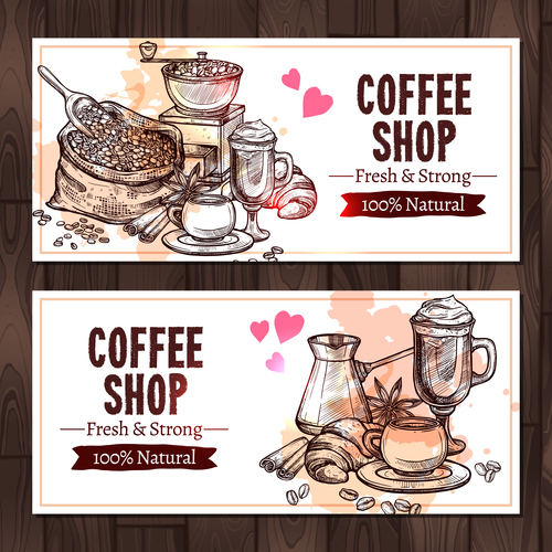 Coffee sketch banners with coffee mill vector 02