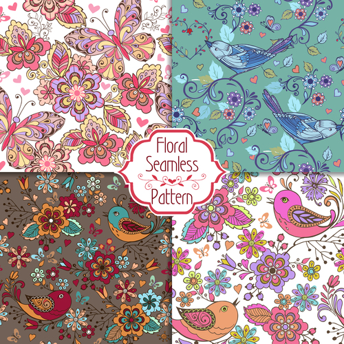 Colorful seamless patterns with birds, butterflies, flowers vector