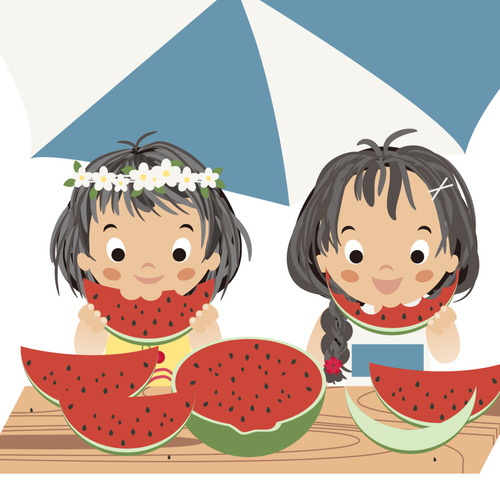 Cute girl eating watermelon vector