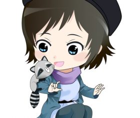 Cute little girl and raccoon vector material