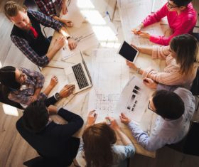 Design team meeting and desktop design drawings Stock Photo