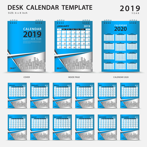 Desk calendar 2019 template blue cover vector 01