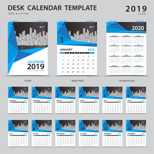 Desk calendar 2019 template blue cover vector 02