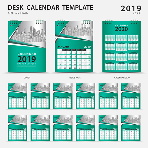 Desk calendar 2019 template green cover vector