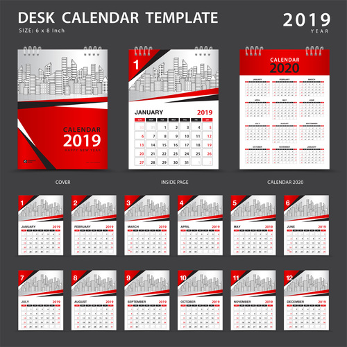 Desk calendar 2019 template red cover vector