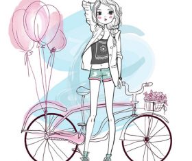 Fashion hand drawn girl and bicycle vector material