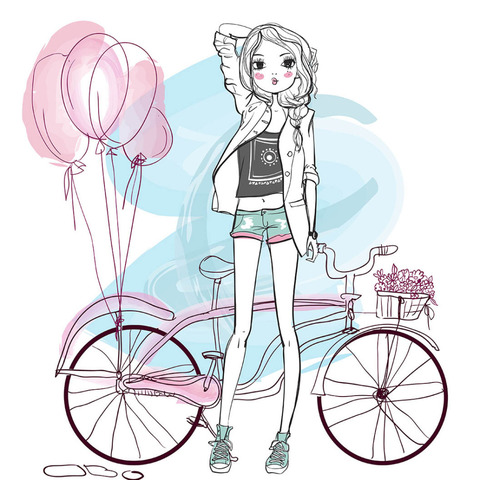 Fashion hand drawn girl and bicycle vector material