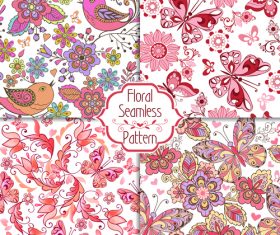 Floral seamless pink patterns with birds, butterflies and hearts vector
