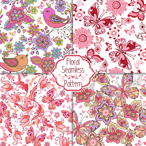 Floral seamless pink patterns with birds, butterflies and hearts vector