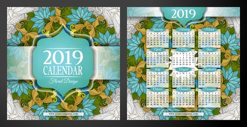 Floral wreath with 2019 calendar template vector 01