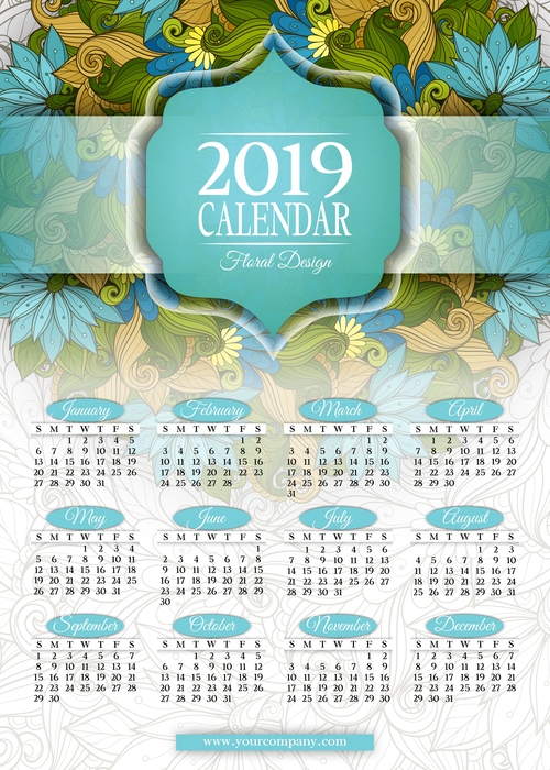 Floral wreath with 2019 calendar template vector 03