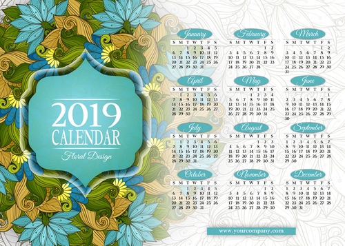 Floral wreath with 2019 calendar template vector 02