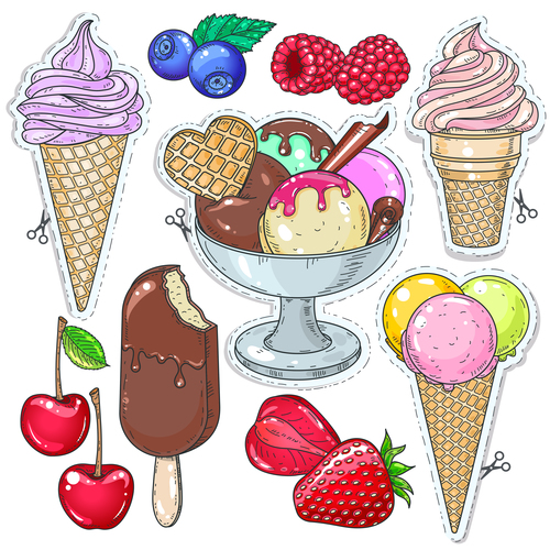 Fruit with ice cream sticker vector