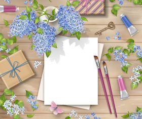 Gift with blue flower and blank paper vector