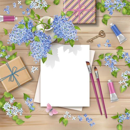 Gift with blue flower and blank paper vector