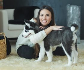 Girl hugs husky Stock Photo 02