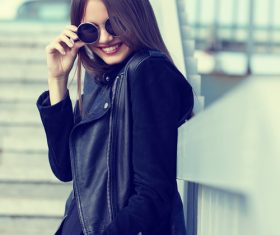 Girl in black outfit outdoors Stock Photo 02