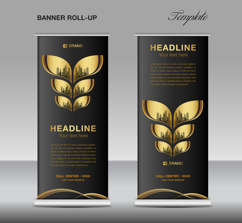 Gold and black roll up banner template vector 01