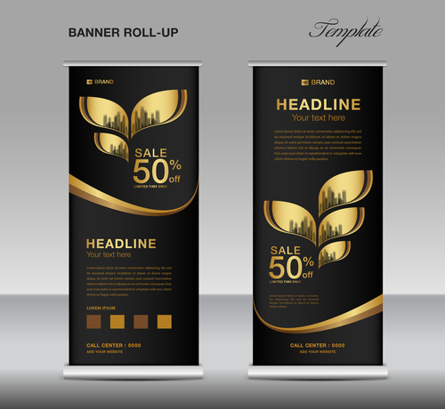 Gold and black roll up banner template vector 02
