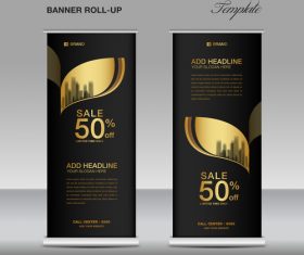 Gold and black roll up banner template vector 03