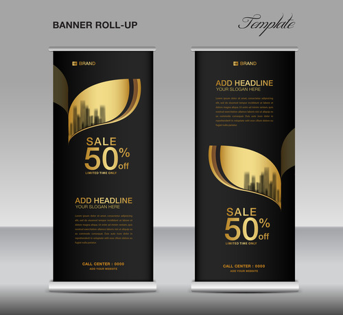 Gold and black roll up banner template vector 03