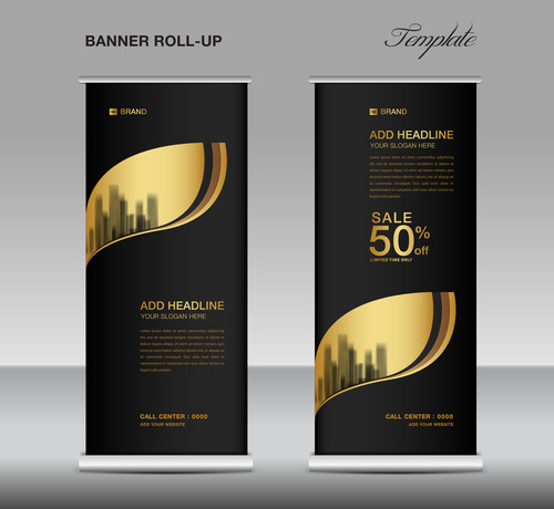 Gold and black roll up banner template vector 05