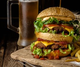 Hamburger with french fries and beer Stock Photo