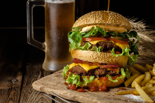 Hamburger with french fries and beer Stock Photo