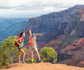 Happy couple hiking tour Stock Photo