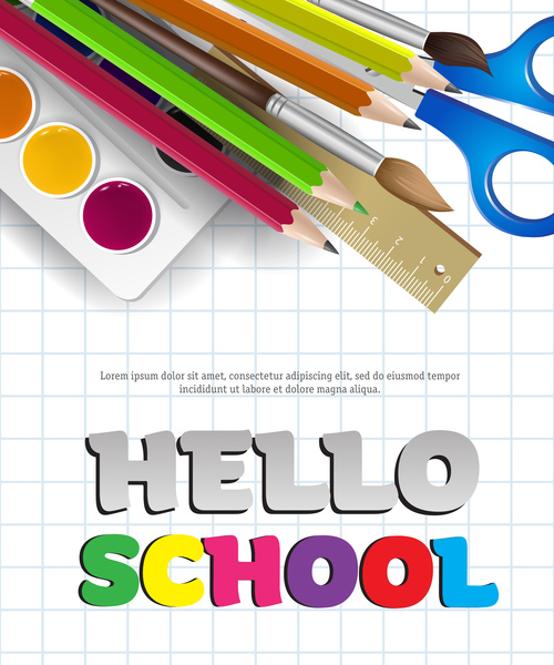 Hello school background with stationery vector 01