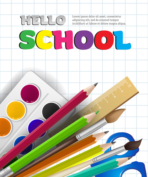 Hello school background with stationery vector 04