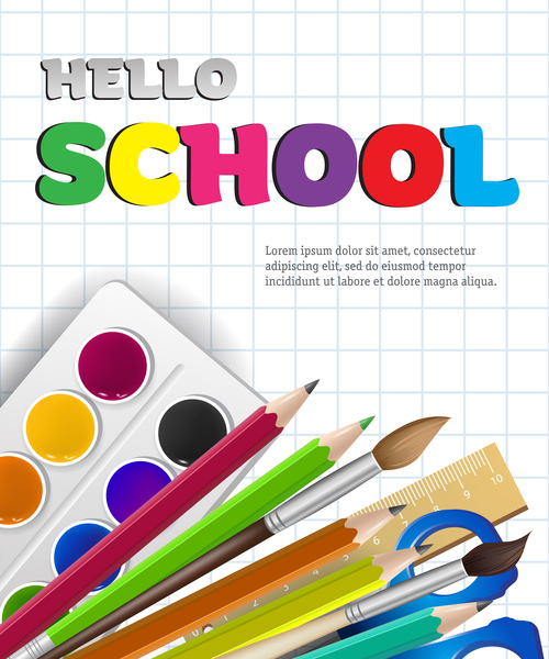 Hello school background with stationery vector 05