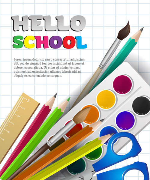 Hello school background with stationery vector 06