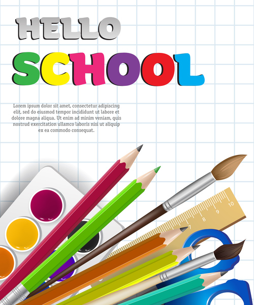 Hello school background with stationery vector 07