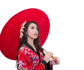 Hold up an red umbrella woman Stock Photo