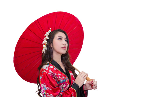 Hold up an red umbrella woman Stock Photo