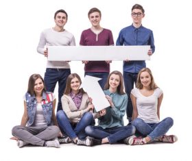 Holding cardboard happy young students Stock Photo 01