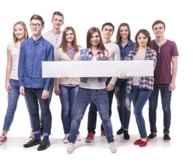 Holding cardboard happy young students Stock Photo 04