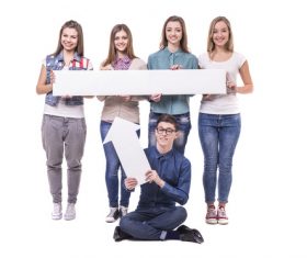 Holding cardboard happy young students Stock Photo 05