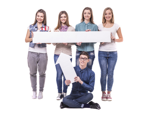 Holding cardboard happy young students Stock Photo 05 free download