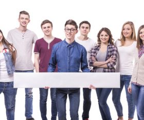 Holding cardboard happy young students Stock Photo 06