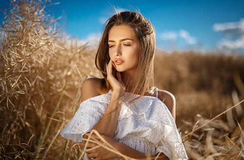 In the wheat field charming and attractive girl Stock Photo 02