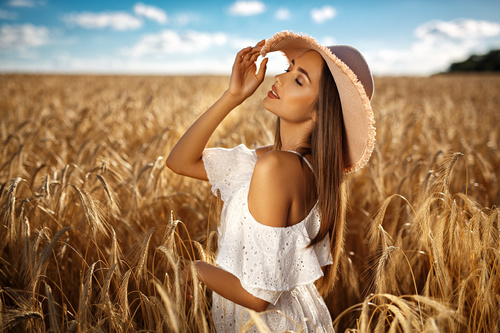 In the wheat field charming and attractive girl Stock Photo 03