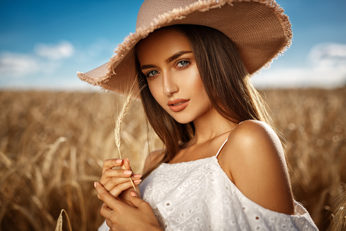 In the wheat field charming and attractive girl Stock Photo 04