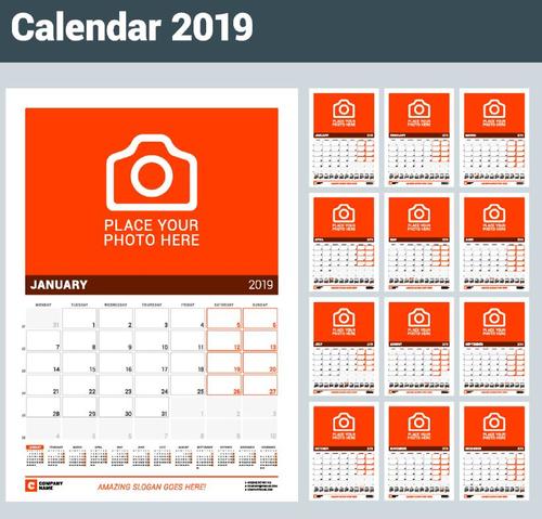 Orange 2019 calendar desk template vector 01