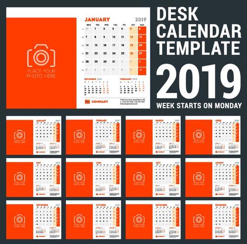 Orange 2019 calendar desk template vector 02