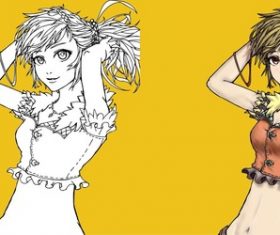 Orange background female cartoon character lineart vector