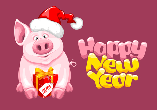 Pig new year with christmas gift vector