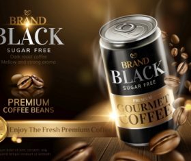 Premium black canned coffee ads with beans background in 3d illustration 01